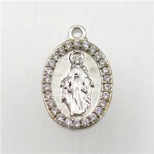 copper Jesus pendant paved zircon, oval, platinum plated, approx 13-18mm