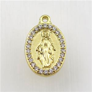 copper Jesus pendant paved zircon, oval, religious, gold plated, approx 13-18mm