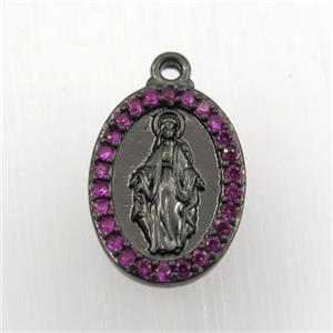 copper Jesus pendant paved zircon, oval, black plated, approx 13-18mm