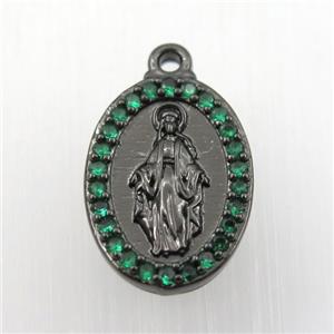 copper Jesus pendant paved zircon, oval, religious, black plated, approx 13-18mm