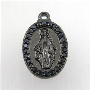 copper Jesus pendant paved zircon, oval, black plated, approx 13-18mm
