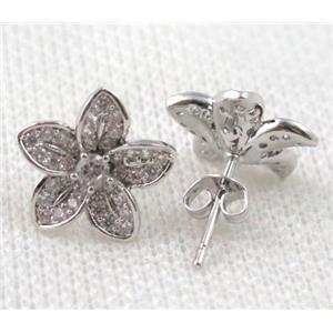 copper flower earring paved zircon, platinum plated, approx 16mm dia