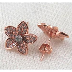 copper flower earring paved zircon, rose gold, approx 16mm dia