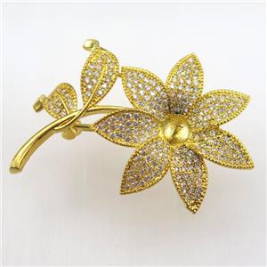 copper flower brooch paved zircon, gold plated, approx 31-45mm