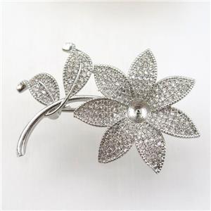 copper flower brooch paved zircon, platinum plated, approx 31-45mm