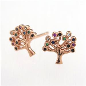 copper earring studs paved zircon, tree of life, rose gold, approx 10-11mm