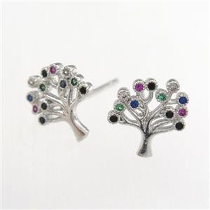 copper earring studs paved zircon, tree of life, platinum plated, approx 10-11mm