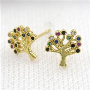 copper earring studs paved zircon, tree of life, gold plated, approx 10-11mm