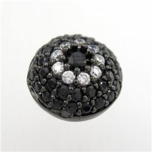 copper button beads paved zircon, black plated, approx 10-13mm