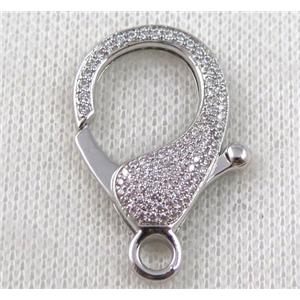 copper Lobster Clasp paved zircon, platinum plated, approx 20-35mm
