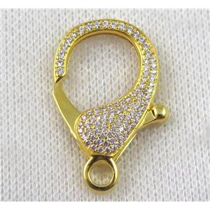 copper Lobster Clasp paved zircon, gold plated, approx 20-35mm
