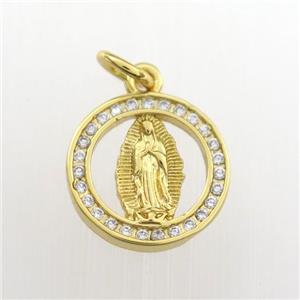 copper Jesus pendant paved zircon, circle, religious, gold plated, approx 13mm dia