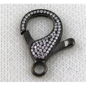 copper Lobster Clasp paved zircon, black plated, approx 20-35mm