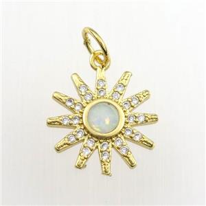 copper sun pendant paved zircon with fire opal, gold plated, approx 14mm dia