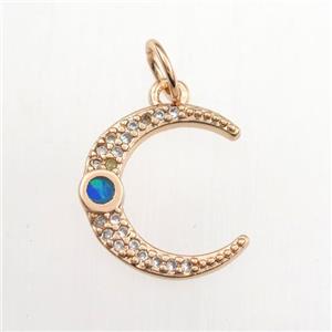 copper moon pendant paved zircon with fire opal, rose gold, approx 14mm
