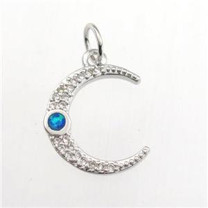 copper moon pendant paved zircon with fire opal, platinum plated, approx 14mm