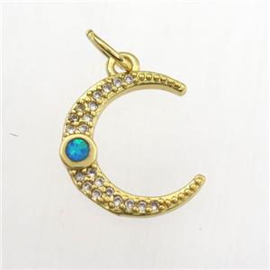copper moon pendant paved zircon with fire opal, gold plated, approx 14mm