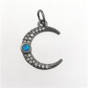 copper moon pendant paved zircon with fire opal, black plated, approx 14mm