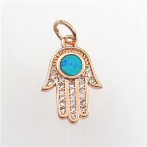 copper hamsahand pendant paved zircon with fire opal, rose gold, approx 11-14mm