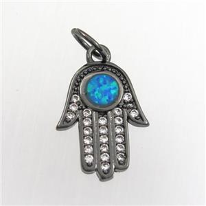 copper hamsahand pendant paved zircon with fire opal, black plated, approx 11-14mm