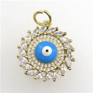 copper sun pendant paved zircon with evil eye, gold plated, approx 20mm dia
