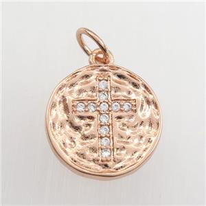 copper circle pendant paved zircon with cross, hammered, rose gold, approx 13mm dia