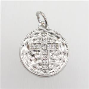 copper circle pendant paved zircon with cross, hammered, platinum plated, approx 13mm dia