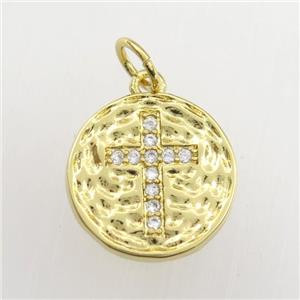 copper circle pendant paved zircon with cross, hammered, gold plated, approx 13mm dia