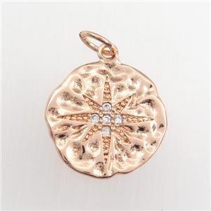 copper circle pendant paved zircon with northstar, hammered, rose gold, approx 15mm dia