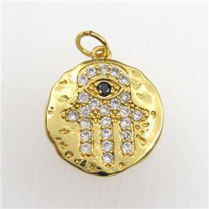 copper circle pendant paved zircon with hamsahand, hammered, gold plated, approx 16mm dia