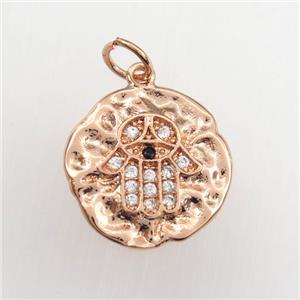 copper circle pendant paved zircon with hamsahand, hammered, rose gold, approx 15mm dia