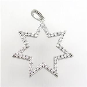 copper star pendant paved zircon, platinum plated, approx 35mm dia