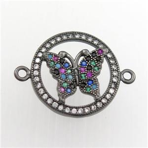 copper circle connector paved zircon with butterfly, black plated, approx 17mm dia