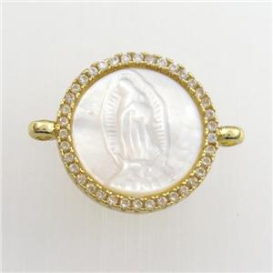 copper circle connector paved zircon with shell Jesus, religious, gold plated, approx 15mm dia