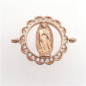 copper circle connector paved zircon with Jesus, religious, rose gold, approx 15mm dia