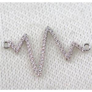 copper cardiogram connector paved zircon, platinum plated, approx 20-35mm