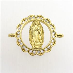 copper circle connector paved zircon with Jesus, gold plated, approx 15mm dia