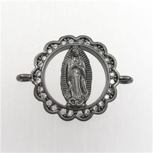 copper circle connector paved zircon with Jesus, black plated, approx 15mm dia