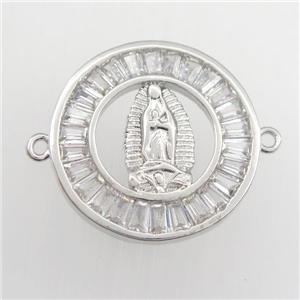 copper circle connector paved zircon with Jesus, religious, platinum plated, approx 20mm dia