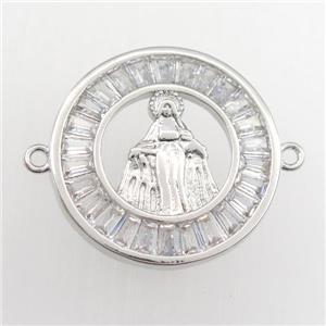 copper circle connector paved zircon with Jesus, platinum plated, approx 20mm dia