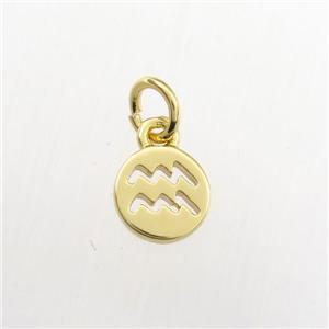 copper circle pendant, zodiac aquarius, gold plated, approx 7mm dia