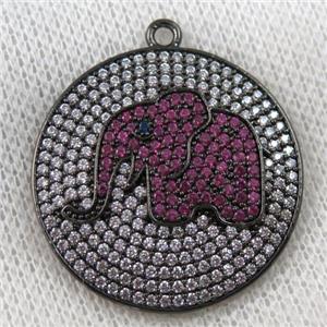 copper pendant paved zircon, elephant, black plated, approx 30mm dia