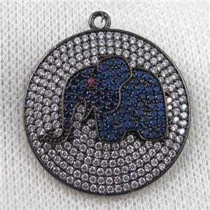 copper pendant paved zircon, elephant, black plated, approx 30mm dia