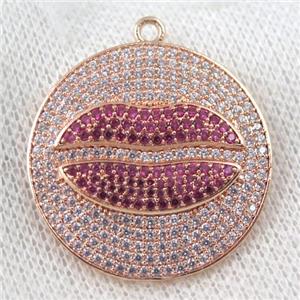 copper pendant paved zircon, lip, rose gold, approx 30mm dia