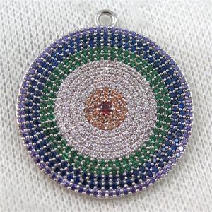 copper circle pendant paved zircon, sun, platinum plated, approx 35mm dia
