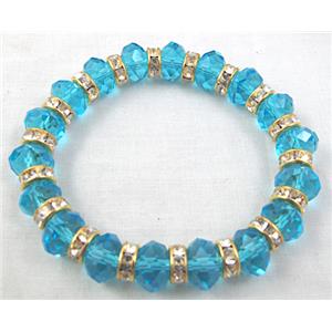 Chinese Crystal Glass Bracelet, rhinestone, stretchy, aqua, 60mm dia, bead:10mm dia