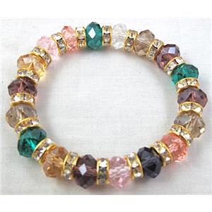 Chinese Crystal Glass Bracelet, rhinestone, stretchy, mix color, 60mm dia, bead:10mm dia