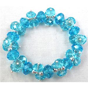 Chinese Crystal Glass Bracelet, stretchy, aqua, 70mm dia, glass bead:10mm, 8mm