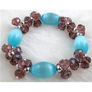 stretchy Bracelet with Chinese crystal beads, cat eye beads, 60mm dia, cat inchs eye bead: 11x18mm, glass bead:8mm