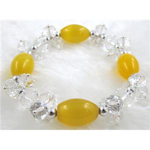 stretchy Bracelet with Chinese crystal beads, cat eye beads, 60mm dia, cat inchs eye bead: 11x18mm, glass bead:8mm